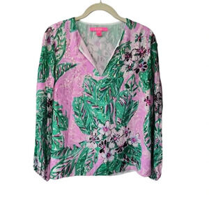 Lilly Pulitzer Aaron Silk Metallic Tropical Print Top/Blouse, XS